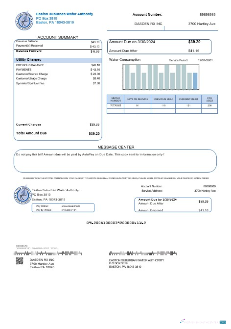 USA Eastern Suburban Water Authority business utility bill template in Word and PDF formats